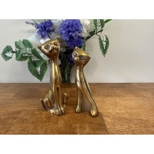 Vintage Solid Brass Cat Figurine Pair Mid Century Abstract Sculptures MCM‎ Decor